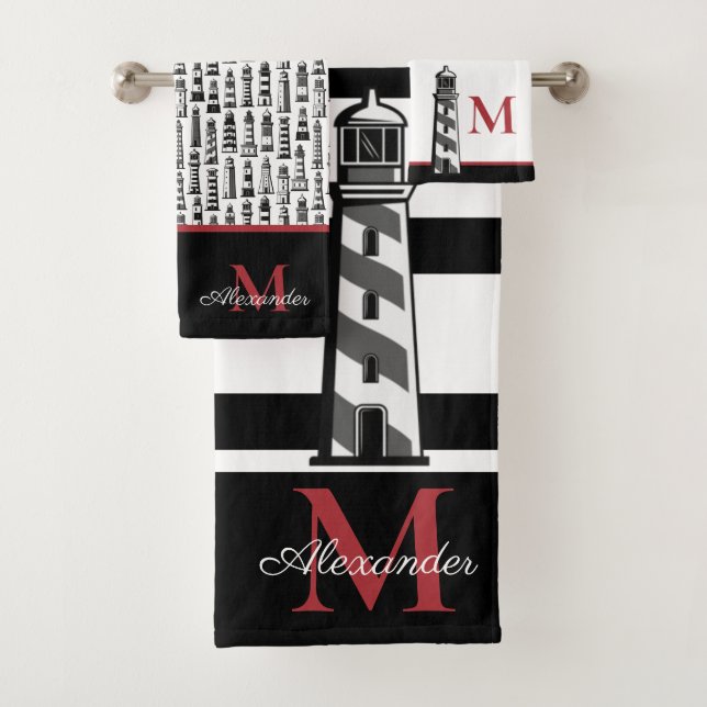 Fun Nautical Red Black White Stripe Lighthouse Bath Towel Set (Insitu)