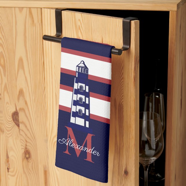 Fun Nautical Red White Navy Blue Stripe Lighthouse Tea Towel (Thirds Fold)