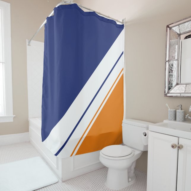 Fun Navy Blue Bright Orange White Racing Stripes Shower Curtain (In Situ)