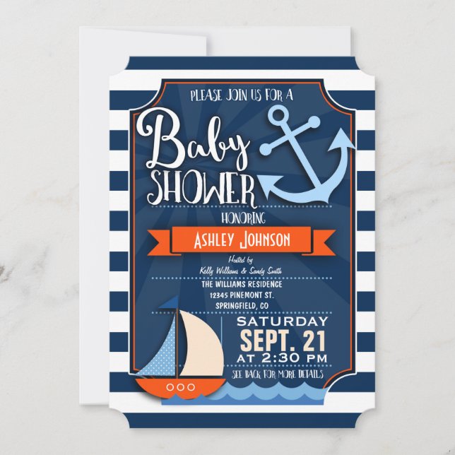 Fun, Navy, Orange, & White Nautical Baby Shower Invitation (Front)