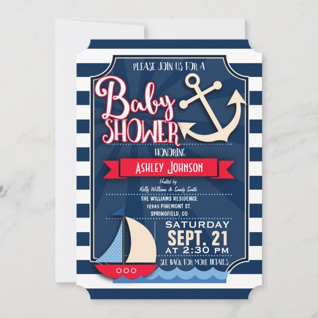 Fun, Navy, Red, & White Nautical Baby Shower Invitation (Front)