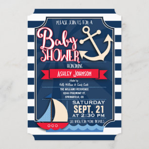 Fun, Navy, Red, & White Nautical Baby Shower Invitation