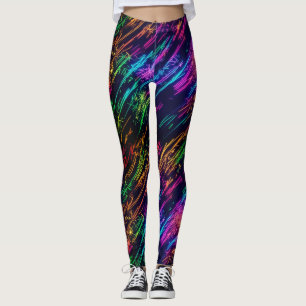 Fun Neon Colourful Fireworks Laser Party On Black Leggings