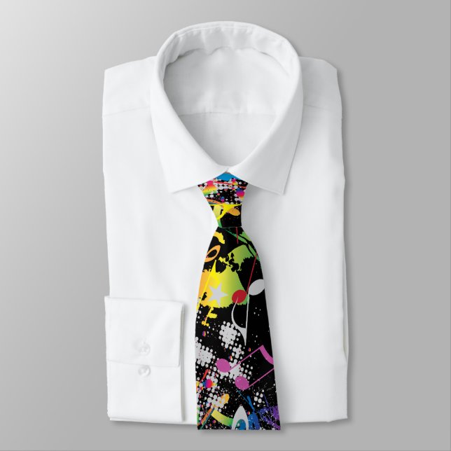 Fun Neon Paint Splatter with Music Notes on BLACK Tie (Tied)