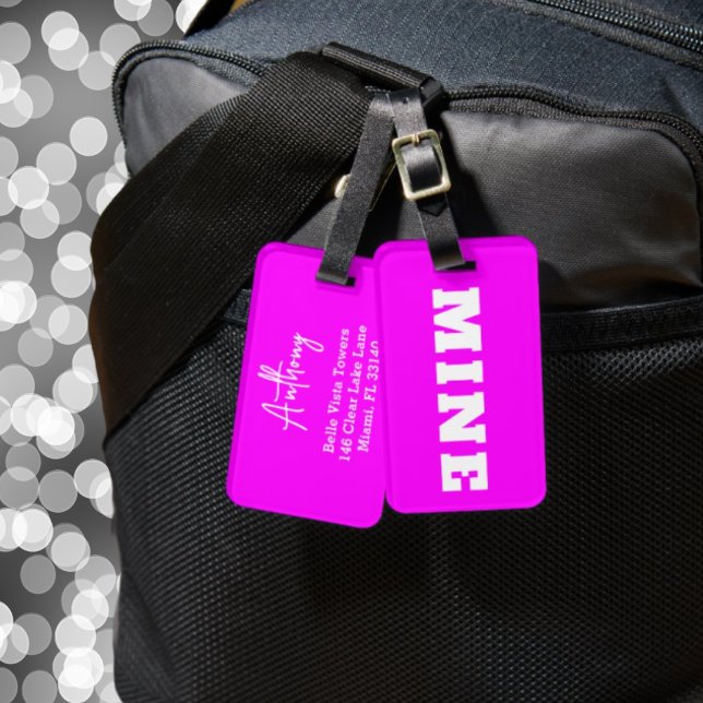 Fun Neon Pink White MINE Custom Luggage Tag (Creator Uploaded)