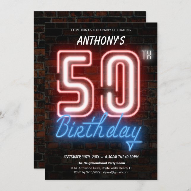 Fun Neon Retro 50th Birthday Party Invitation (Front/Back)