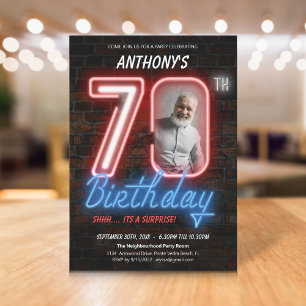 Fun Neon Retro Surprise 70th Birthday Party Invitation