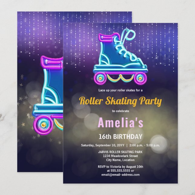 Fun Neon Roller Skating Birthday Party Invitation (Front/Back)
