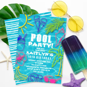 Fun Neon Summer Pool Party Any Age Birthday Invitation