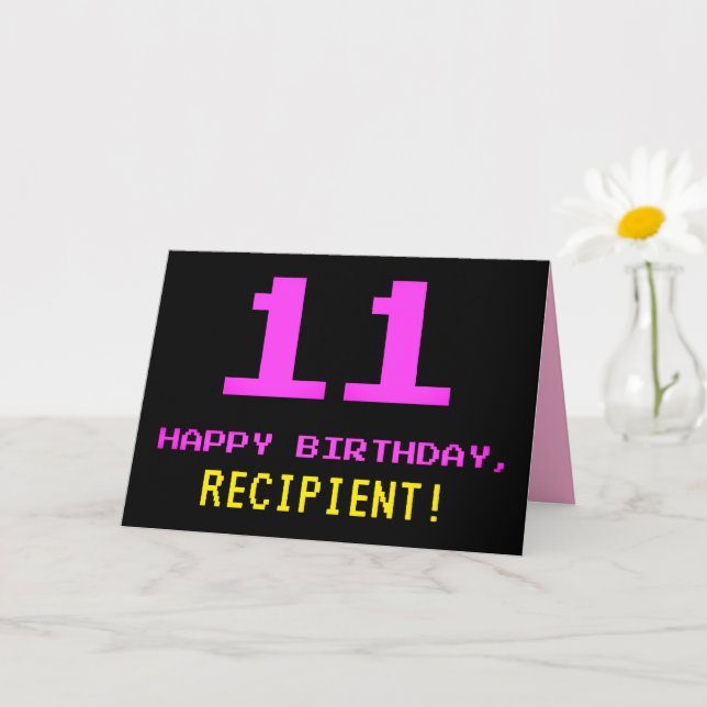 Fun, Nerdy, Geeky, Pink, 8-Bit Style 11th Birthday Card (Small Plant)
