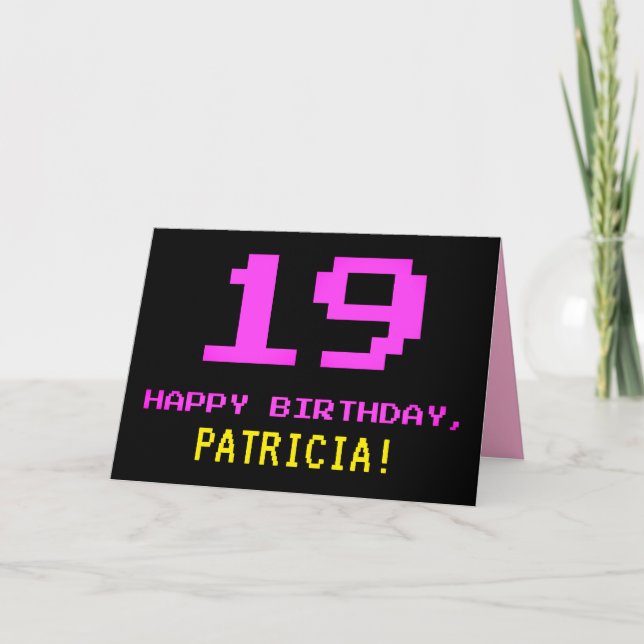 Fun, Nerdy, Geeky, Pink, 8-Bit Style 19th Birthday Card (Front)