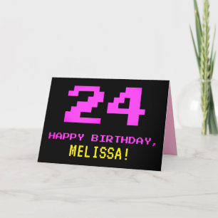 Fun, Nerdy, Geeky, Pink, 8-Bit Style 24th Birthday Card