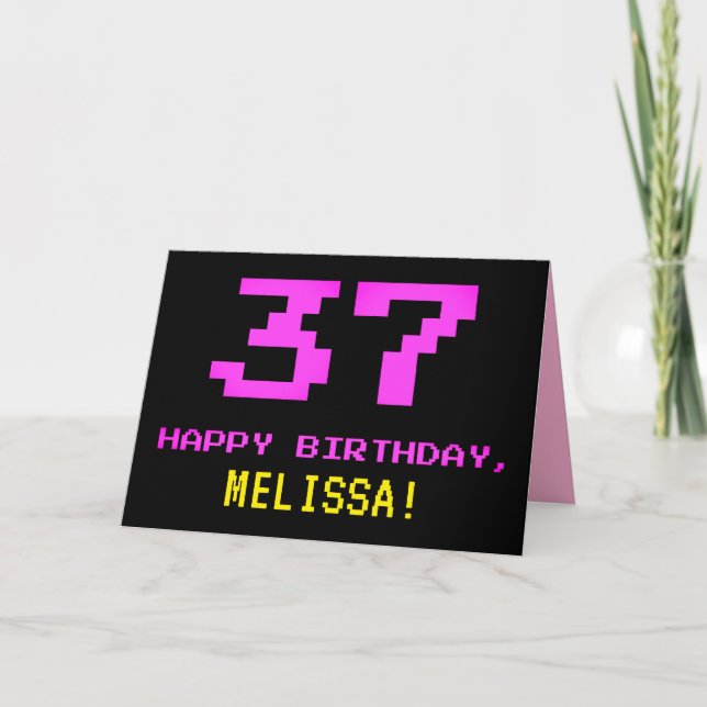 Fun, Nerdy, Geeky, Pink, 8-Bit Style 37th Birthday Card (Front)