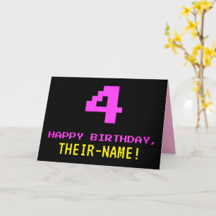 Fun, Nerdy, Geeky, Pink, 8-Bit Style 4th Birthday Card