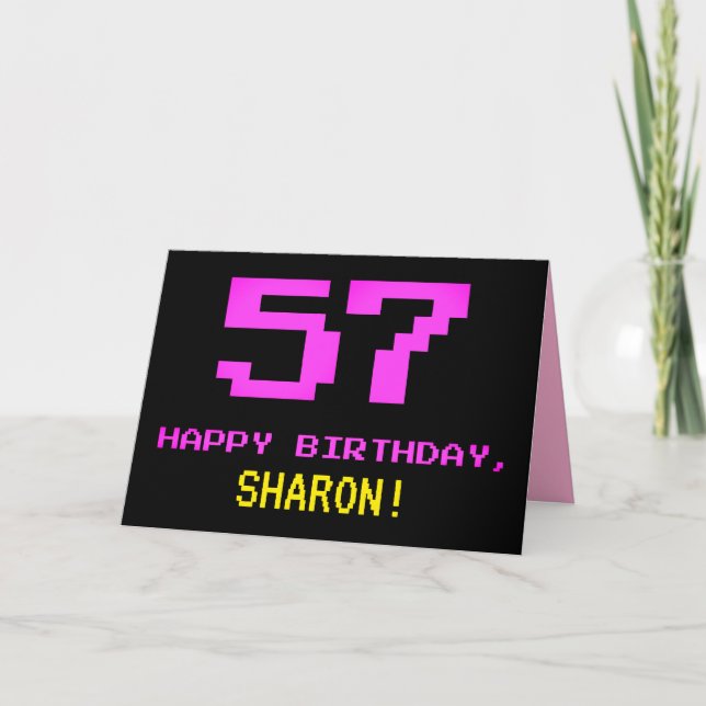 Fun, Nerdy, Geeky, Pink, 8-Bit Style 57th Birthday Card (Front)