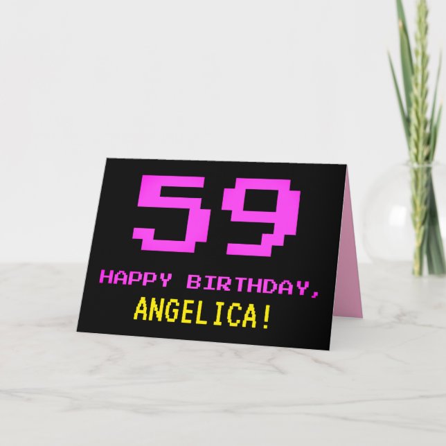 Fun, Nerdy, Geeky, Pink, 8-Bit Style 59th Birthday Card (Front)