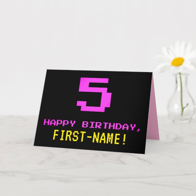 Fun, Nerdy, Geeky, Pink, 8-Bit Style 5th Birthday Card (Small Plant)