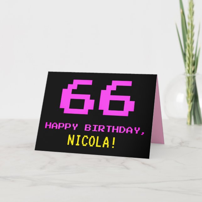Fun, Nerdy, Geeky, Pink, 8-Bit Style 66th Birthday Card (Front)