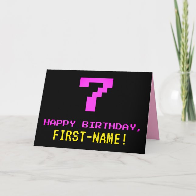 Fun, Nerdy, Geeky, Pink, 8-Bit Style 7th Birthday Card (Front)