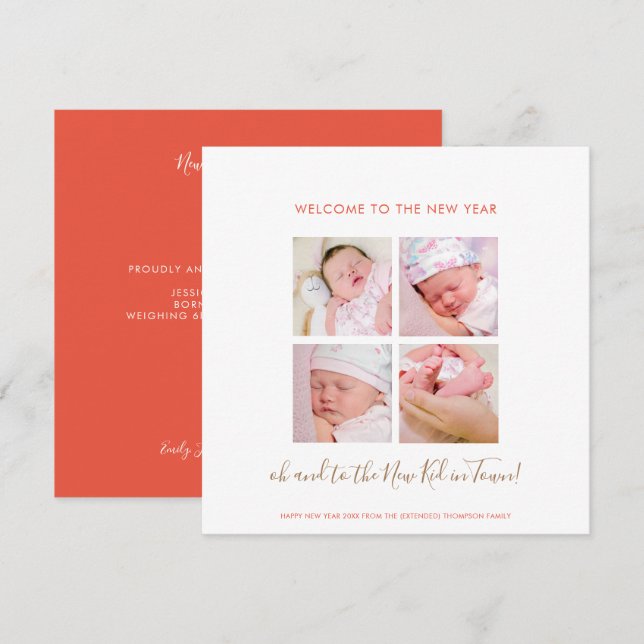 Fun New Baby Happy New Year 4 Photo Collage Coral (Front/Back)