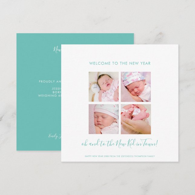Fun New Baby Happy New Year 4 Photo Collage Teal (Front/Back)