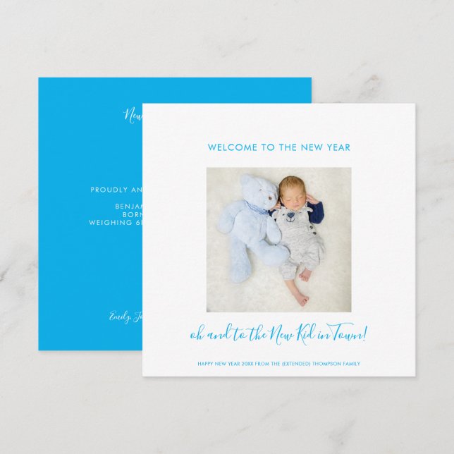 Fun New Baby Happy New Year One Photo Blue White (Front/Back)