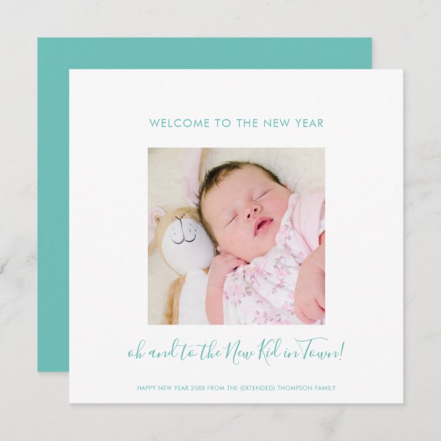 Fun New Baby Happy New Year One Photo Teal White (Front/Back)
