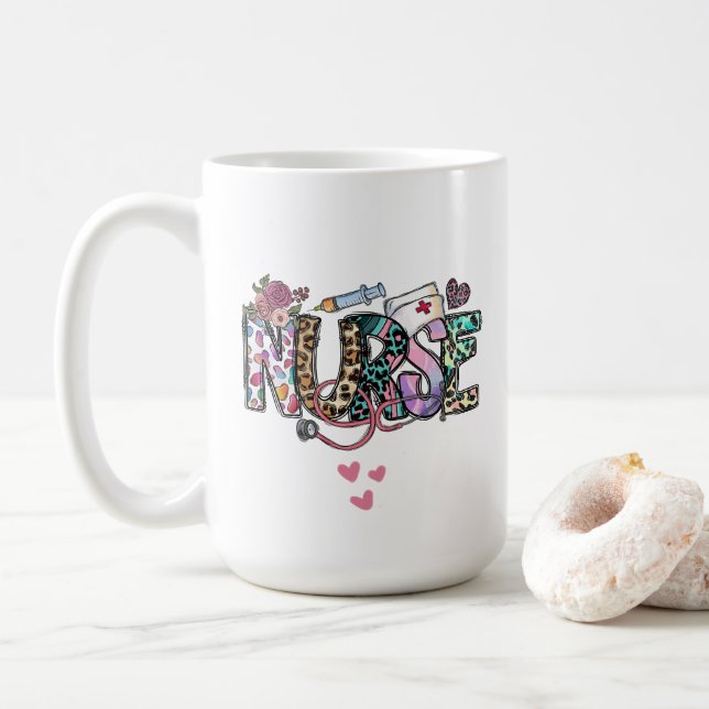 Fun Nurse Life Retro Typography 15 oz Mug  (With Donut)