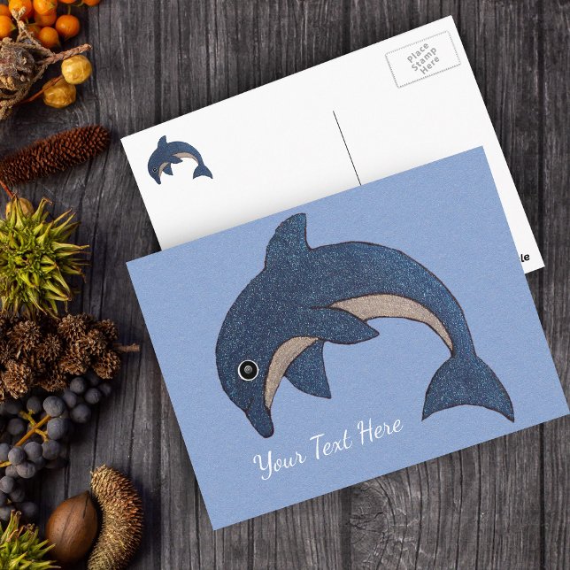 Fun Ocean Blue White Sparkle Like Jumping Dolphin Postcard (Sparkle dark blue and white jumping dolphin on light blue postcard.)