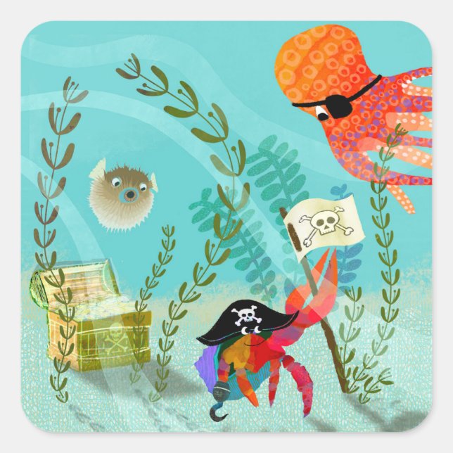 Fun Ocean Friends Kids Party Paper Plate Square Sticker (Front)