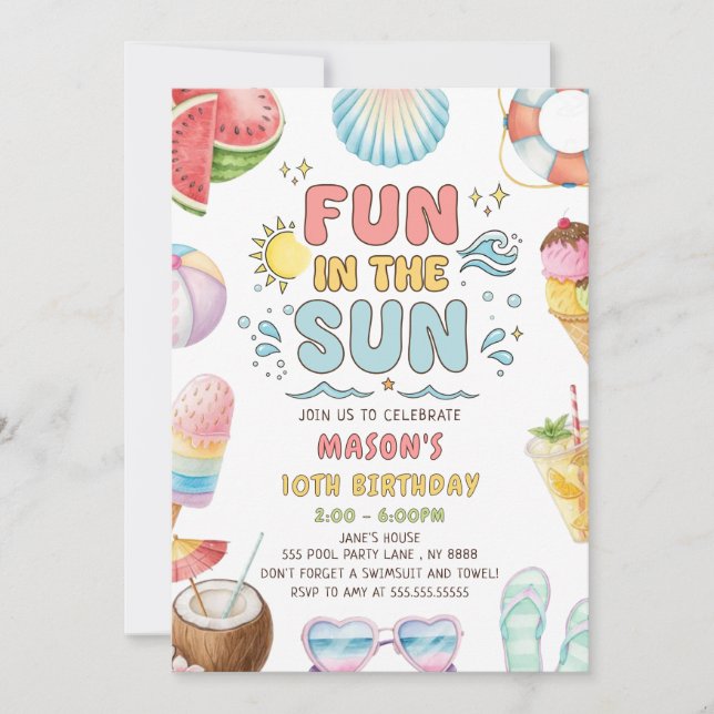 Fun Of The Sun Summer Pool Birthday Party  Invitation (Front)