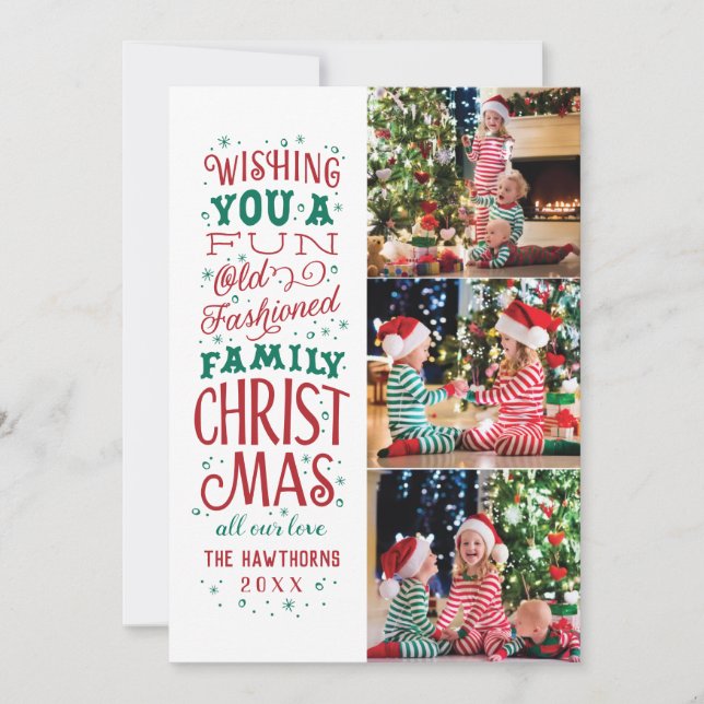 Fun Old Fashioned Family Christmas Three Photo Holiday Card (Front)