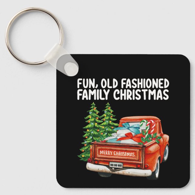 Fun Old Fashioned Family Christmas Truck Tree Key Ring (Front)