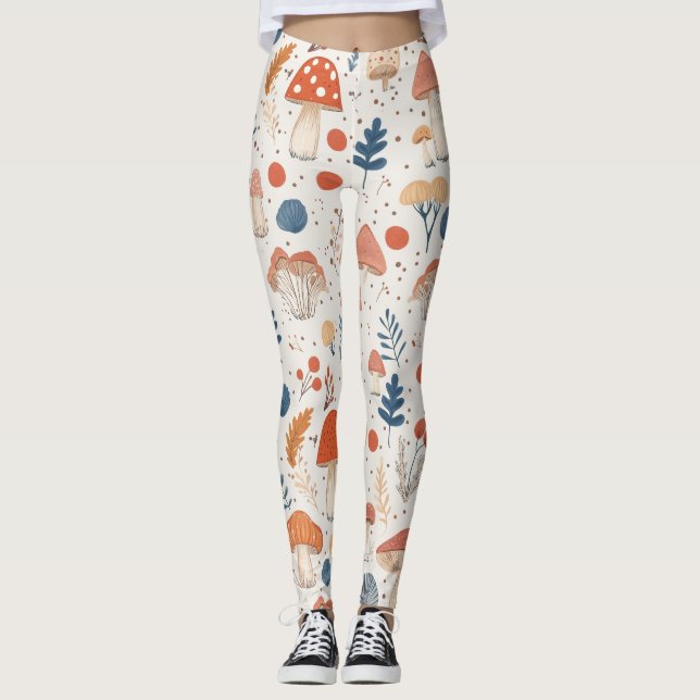 Fun Orange Autumn Mushroom Fairy Garden Leggings (Front)