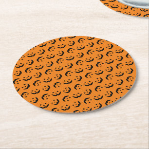 Fun orange black jack o lantern pattern Halloween Round Paper Coaster
