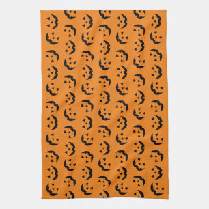 Fun orange black jack o lantern pattern Halloween Tea Towel