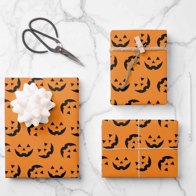 Fun orange black jack o lantern pattern Halloween Wrapping Paper Sheet (Front)