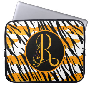 Fun Orange Black White Tiger Stripes Monogram M Laptop Sleeve