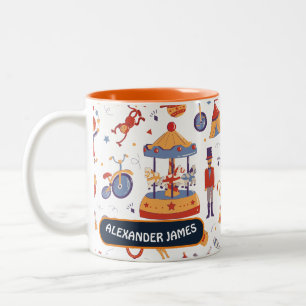 Fun Orange Carnival Kids Birthday Circus Pattern  Two-Tone Coffee Mug