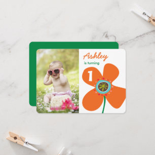 Fun Orange Daisy Pop Cute Photo Girl 1st Birthday Invitation