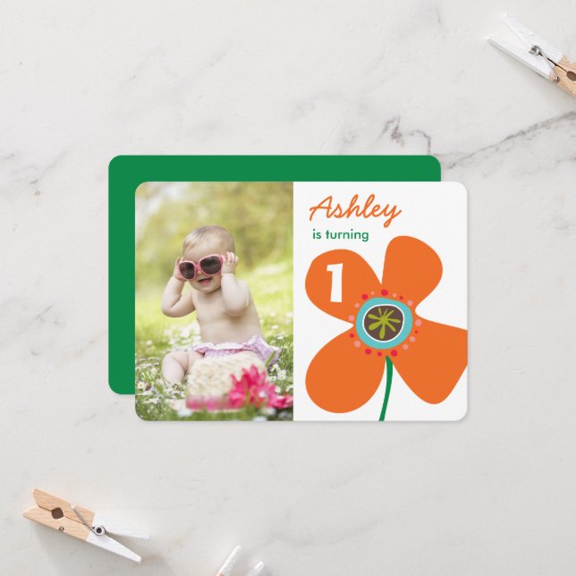 Fun Orange Daisy Pop Cute Photo Girl 1st Birthday Invitation (Front/Back In Situ)