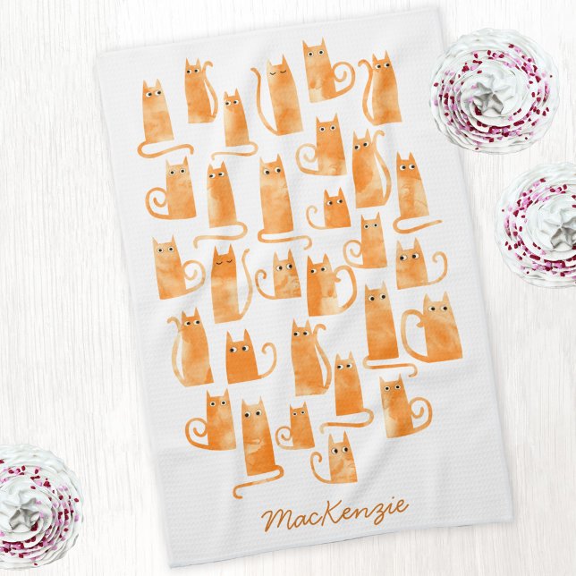 Fun Orange Ginger Cat Personalised Tea Towel (Orange ginger cat watercolor personalized custom name kitchen tea towel)