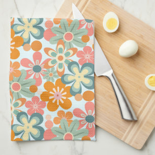 Fun Orange Green Pink Retro Flower Pattern Tea Towel