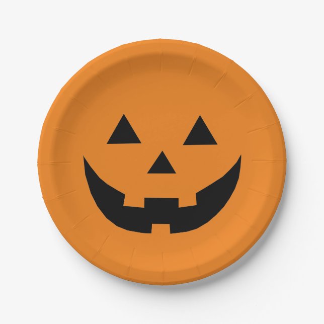 Fun orange jack o lantern pumpkin face Halloween Paper Plate (Front)