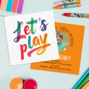 Fun Orange Playdate Call Watercolor Script Photo Square Business Card