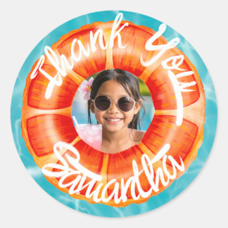 Fun Orange Pool Party Thank You Classic Round Sticker