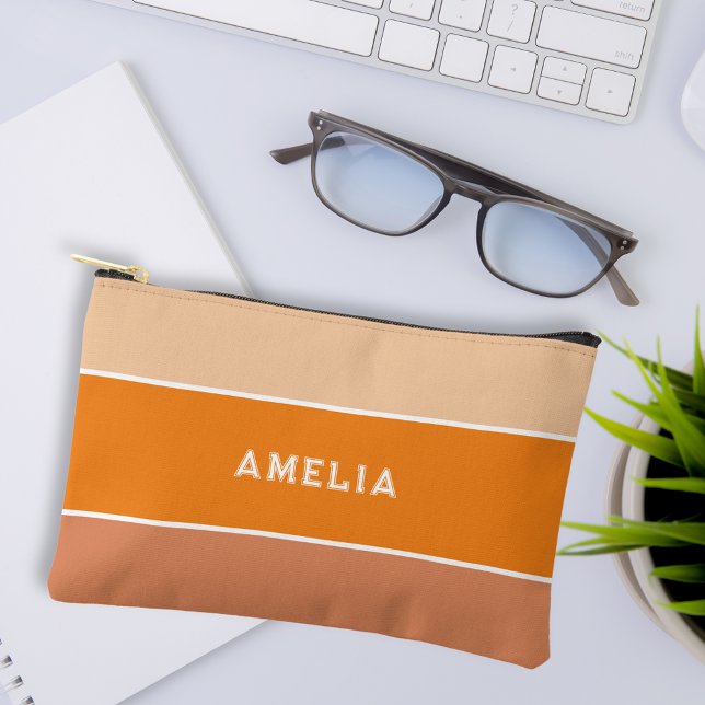 Fun orange stripe varsity monogram accessory pouch (Fun personalized orange stripe pencil case accessory pouch gift for her
)