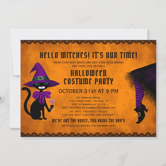 Fun Orange Witch Hat Black Cat Drinking Halloween Invitation (Front)