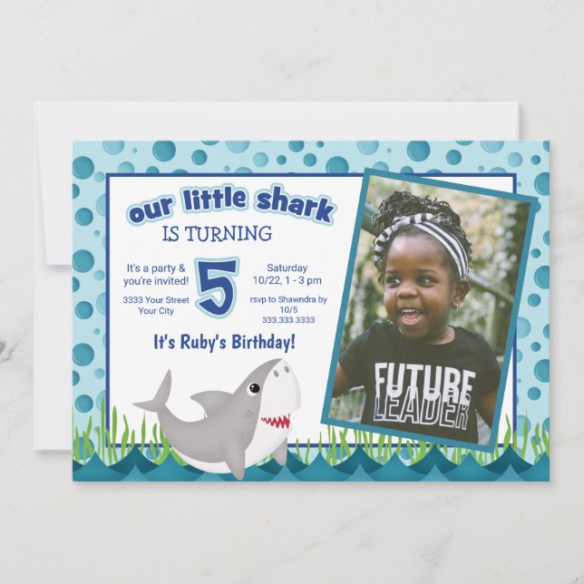 Fun Our Little Shark Ocean Photo 5th Birthday Invitation (Front)