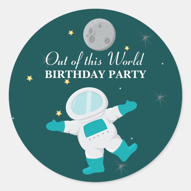Fun outer space astronaut birthday party stickers (Front)